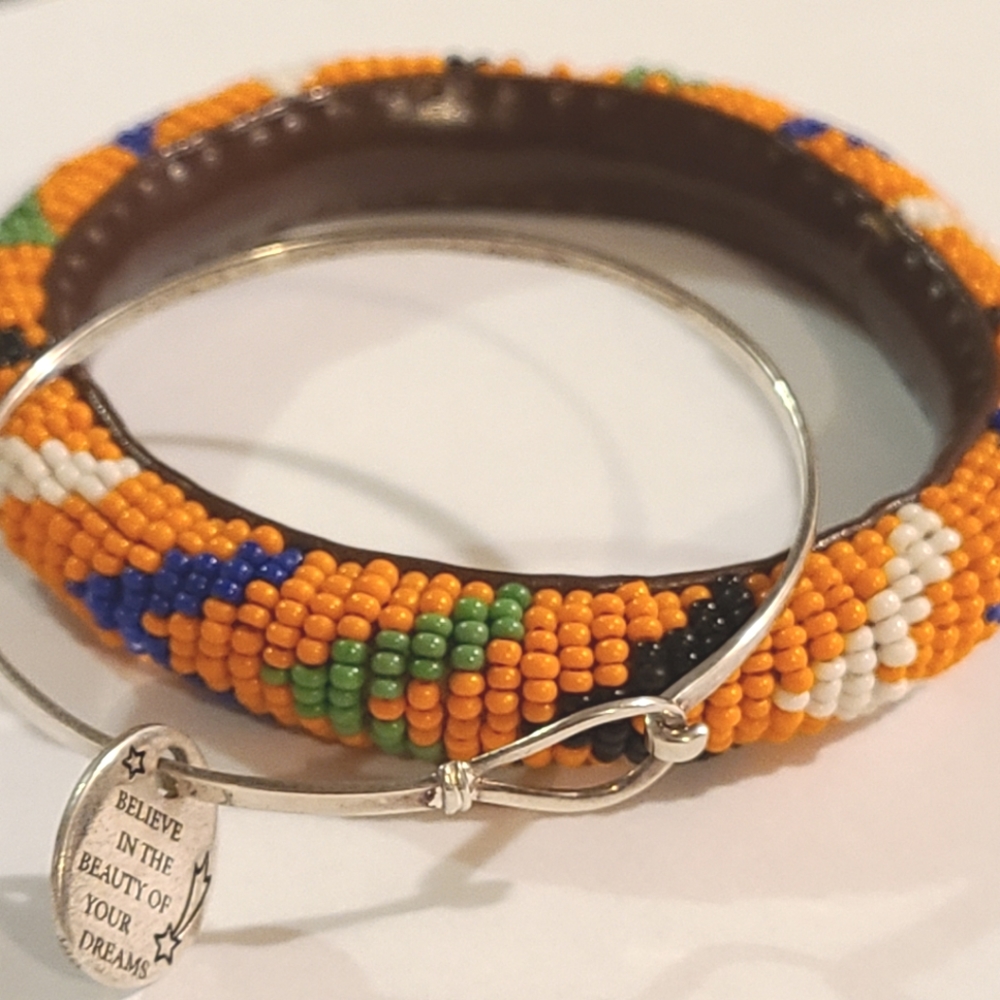 Lot of 2 Quality Bracelets Zulu Color Beads and Sterling silver w/ Charm
